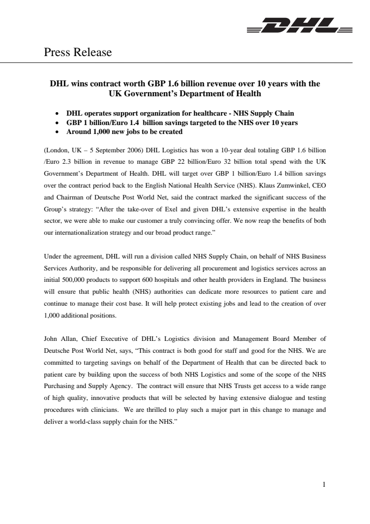 DHL wins contract worth GBP 1.6 billion revenue over 10 years with the