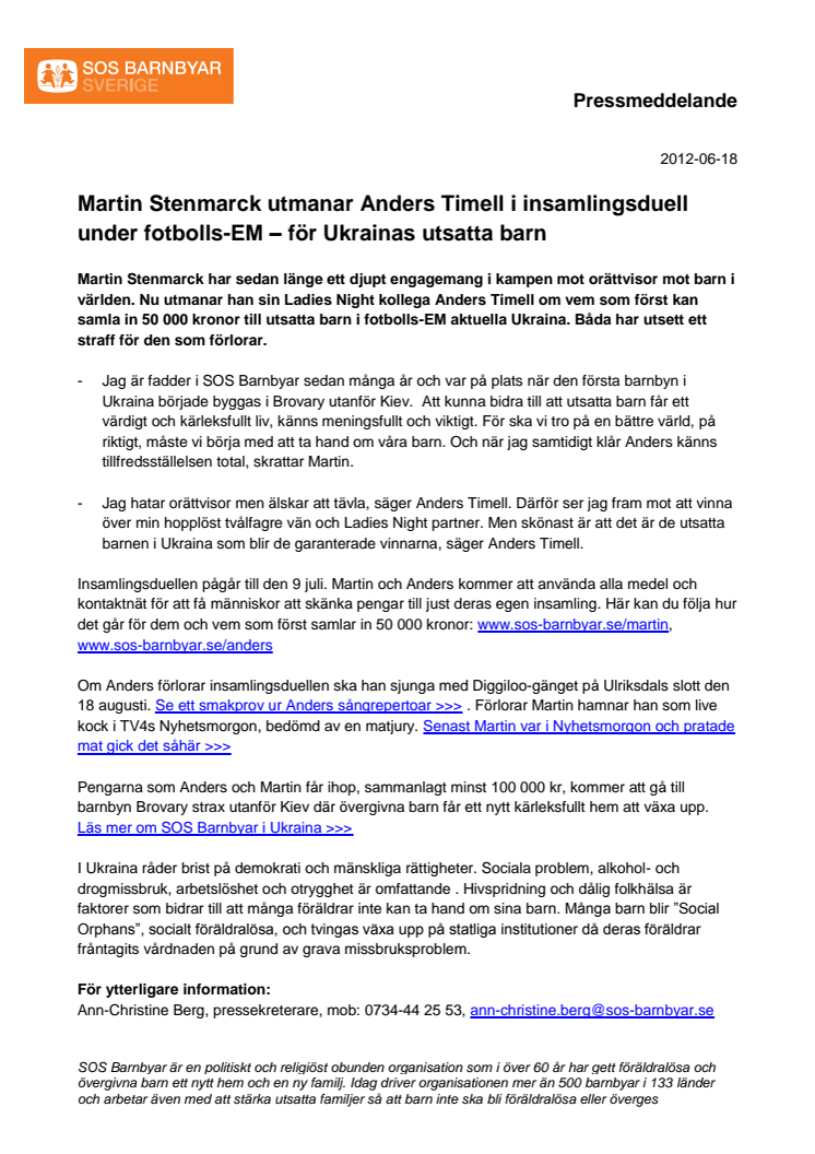 Martin Stenmarck utmanar Anders Timell i insamlingsduell under fotbolls-EM – för Ukrainas utsatta barn