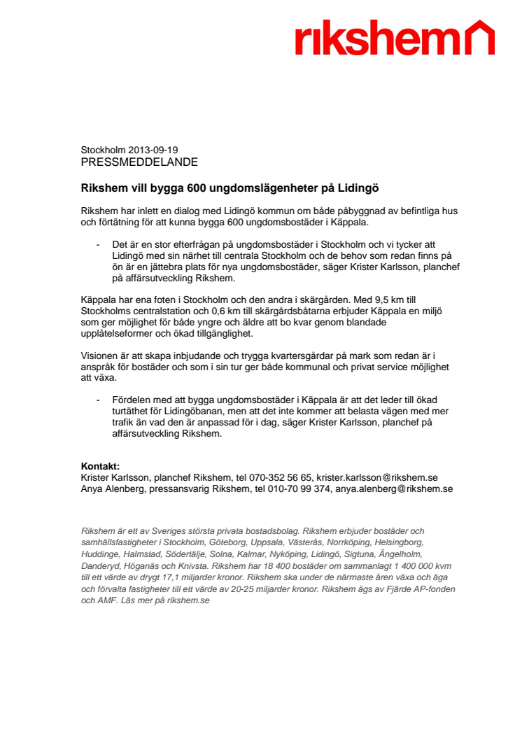 Rikshem vill bygga 600 ungdomslägenheter på Lidingö
