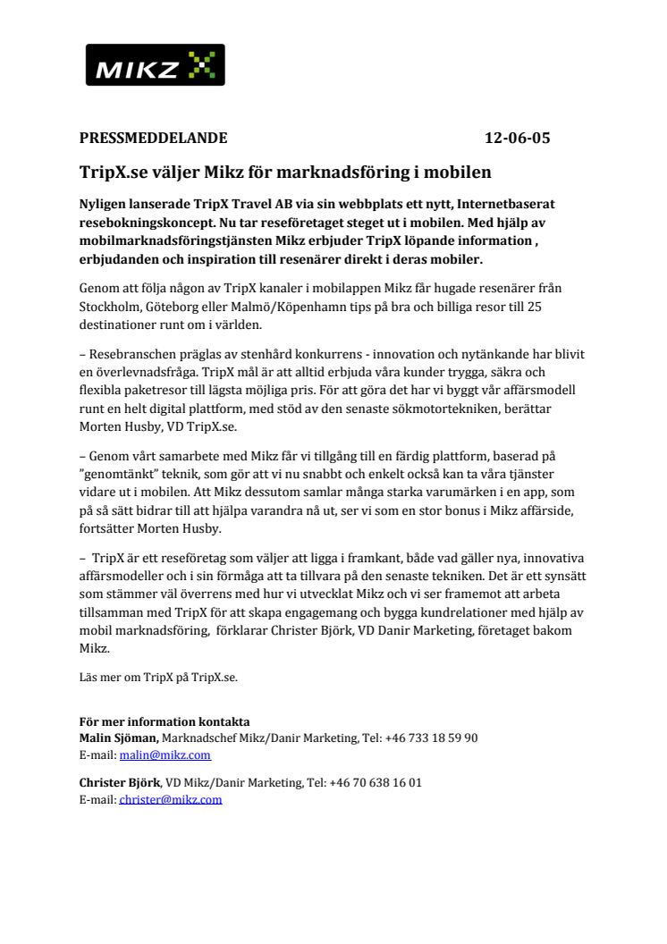 TripX.se väljer Mikz för marknadsföring i mobilen