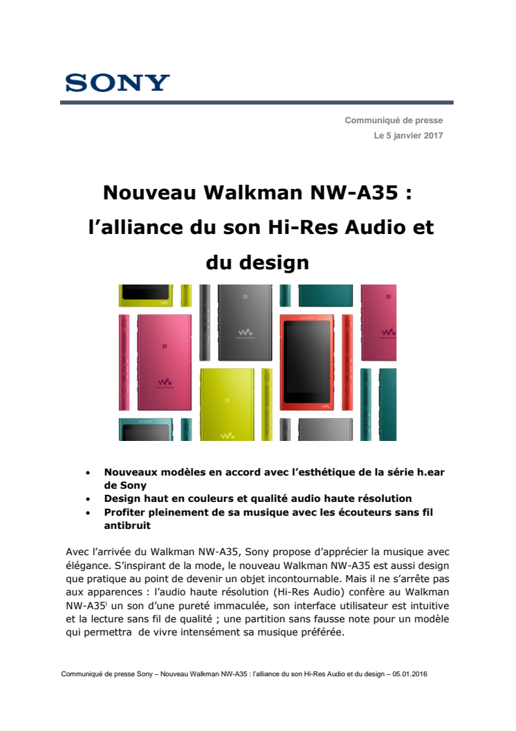 CES SONY | Nouveau Walkman NW-A35 :  l’alliance du son Hi-Res Audio et du design