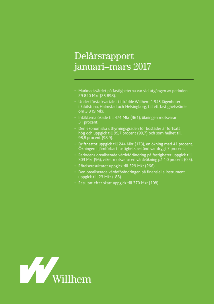 Willhems delårsrapport januari-mars 2017