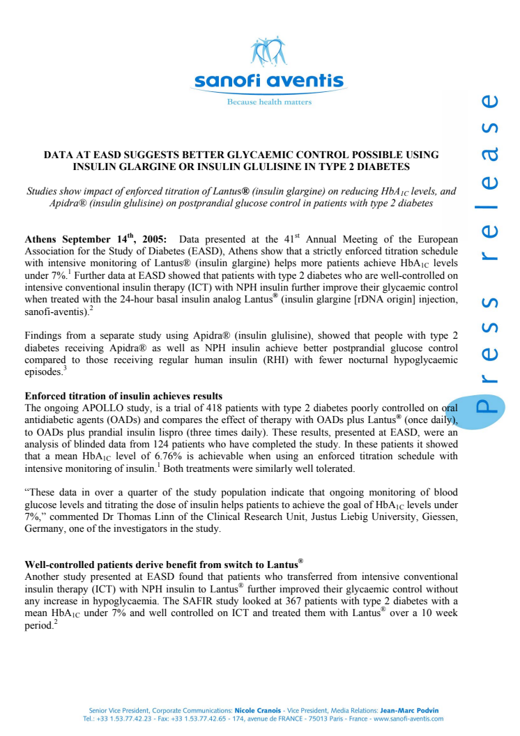 DATA AT EASD SUGGESTS BETTER GLYCAEMIC CONTROL POSSIBLE USING INSULIN GLARGINE OR INSULIN GLULISINE IN TYPE 2 DIABETES