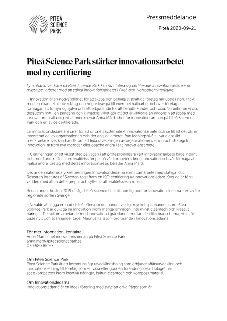Piteå Science Park stärker innovationsarbetet med ny certifiering