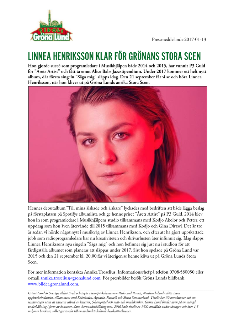 Linnea Henriksson klar för Grönans Stora Scen