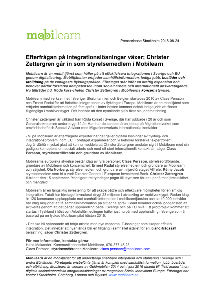Efterfrågan på integrationslösningar växer: Christer Zettergren går in som styrelsemedlem i Mobilearn
