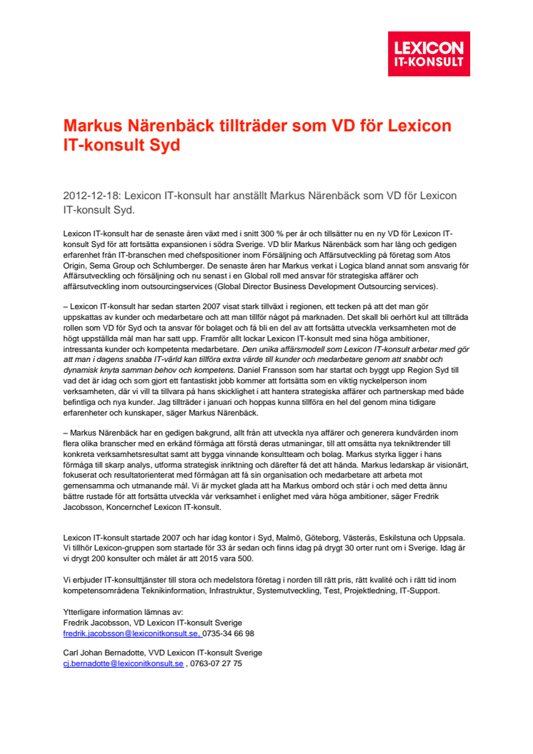 Markus Närenbäck tillträder som VD för Lexicon IT-konsult Syd