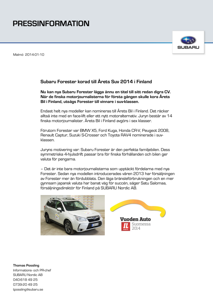 Subaru Forester är Årets Suv 2014 i Finland