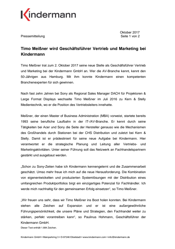 Timo Meißner wird Geschäftsführer Vertrieb und Marketing bei Kindermann 