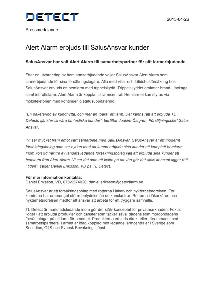 Alert Alarm erbjuds till SalusAnsvar kunder