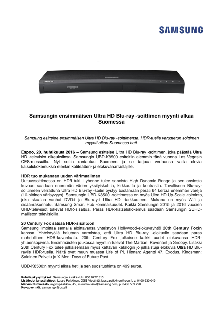 Samsungin ensimmäisen Ultra HD Blu-ray -soittimen myynti alkaa Suomessa