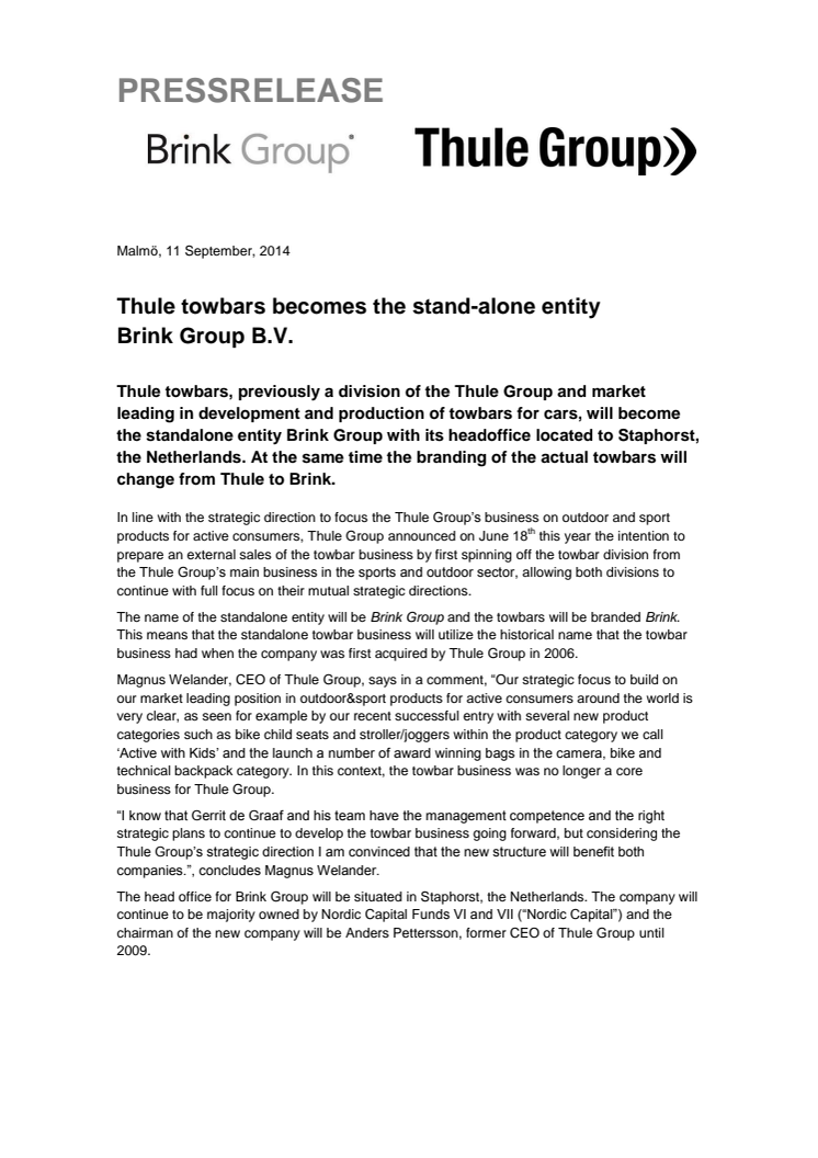 Thule towbars becomes the stand-alone entity  Brink Group B.V. 