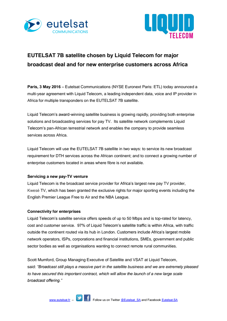 EUTELSAT 7B satellite chosen by Liquid Telecom for major broadcast deal and for new enterprise customers across Africa