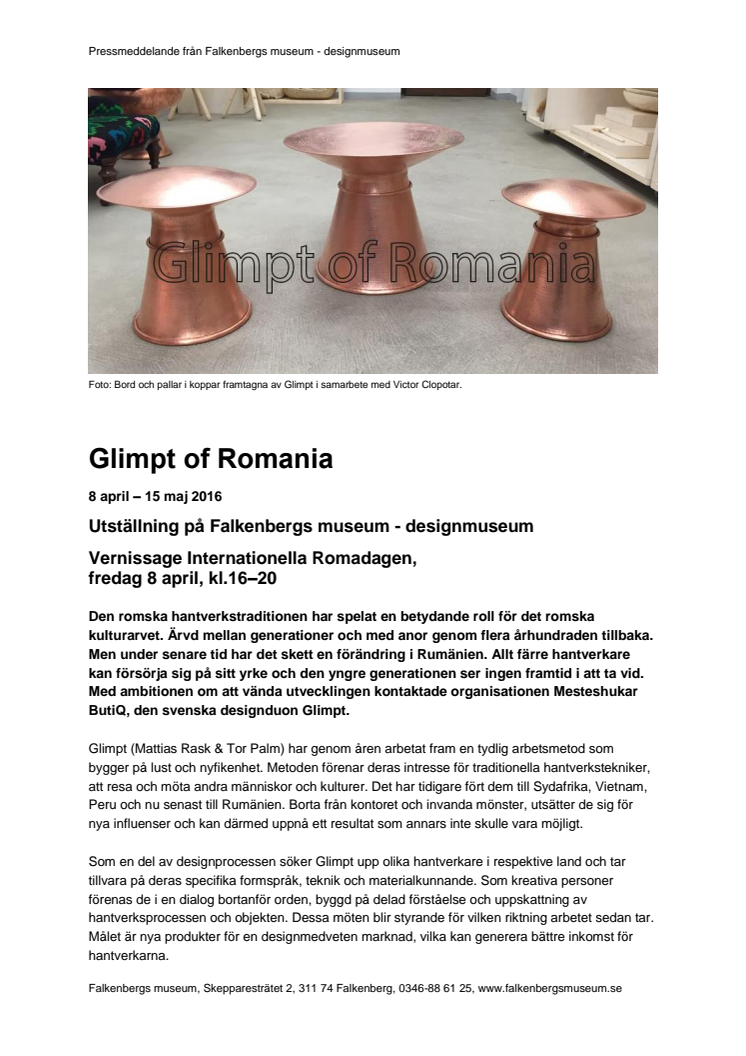Pressmeddelande - Glimpt of Romania. Falkenbergs museum 2016