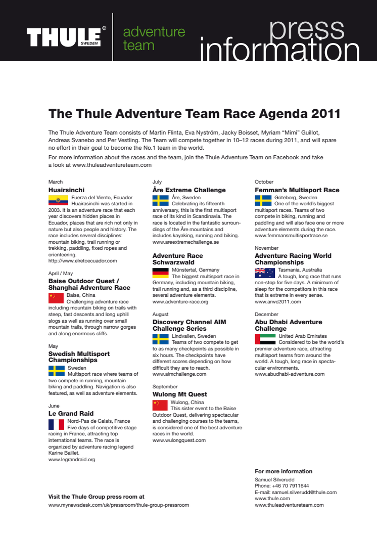 The Thule Adventure Team Race Agenda 2011