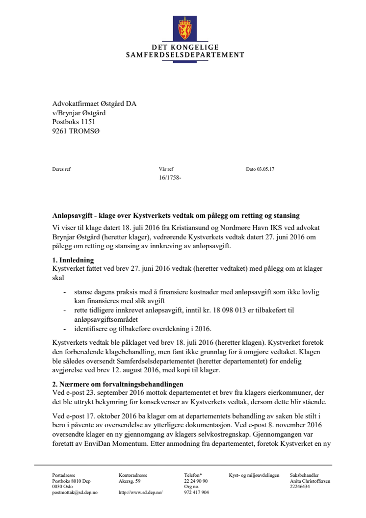 Samferdselsdepartementets vedtak_Kristiansund og Nordmøre havn