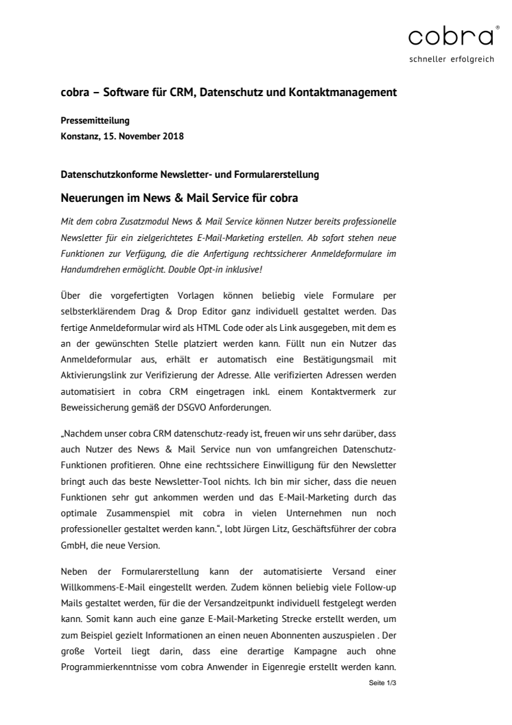 Datenschutzkonforme Newsletter- und Formularerstellung - Neuerungen im News & Mail Service für cobra