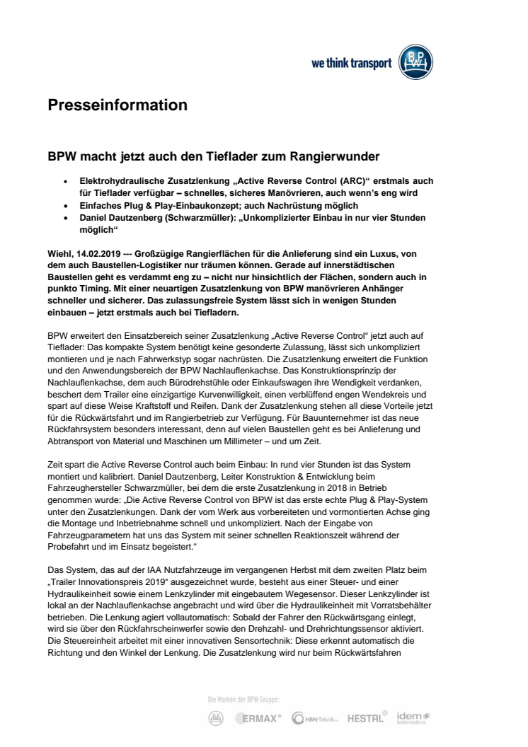 BPW macht jetzt auch den Tieflader zum Rangierwunder