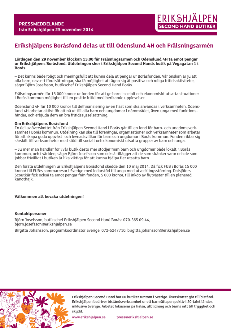 Erikshjälpens Boråsfond delas ut till Odenslund 4H och Frälsningsarmén