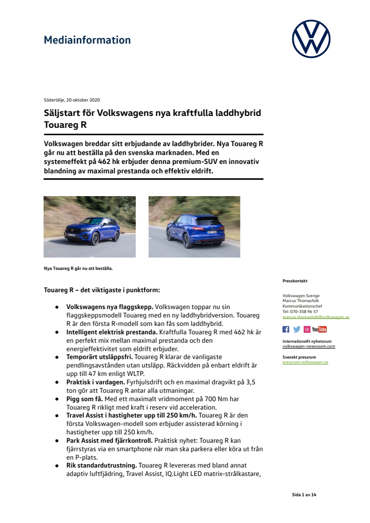 Säljstart för Volkswagens nya kraftfulla laddhybrid Touareg R