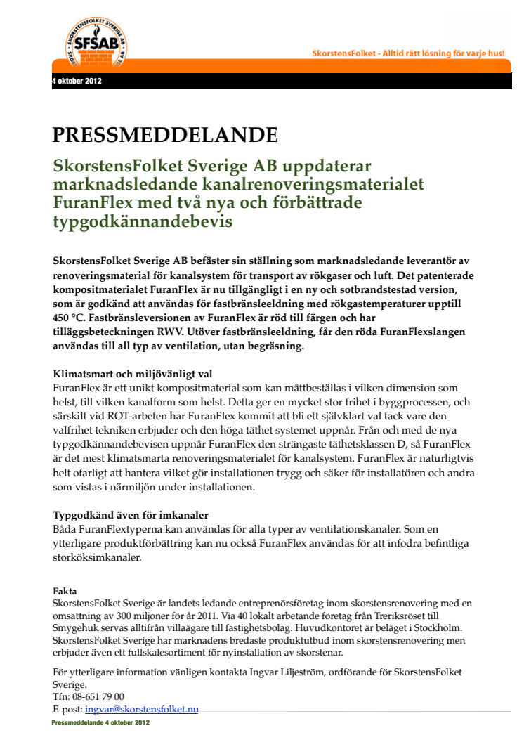 SkorstensFolket Sverige AB uppdaterar marknadsledande kanalrenoveringsmaterialet FuranFlex med två nya och förbättrade typgodkännandebevis