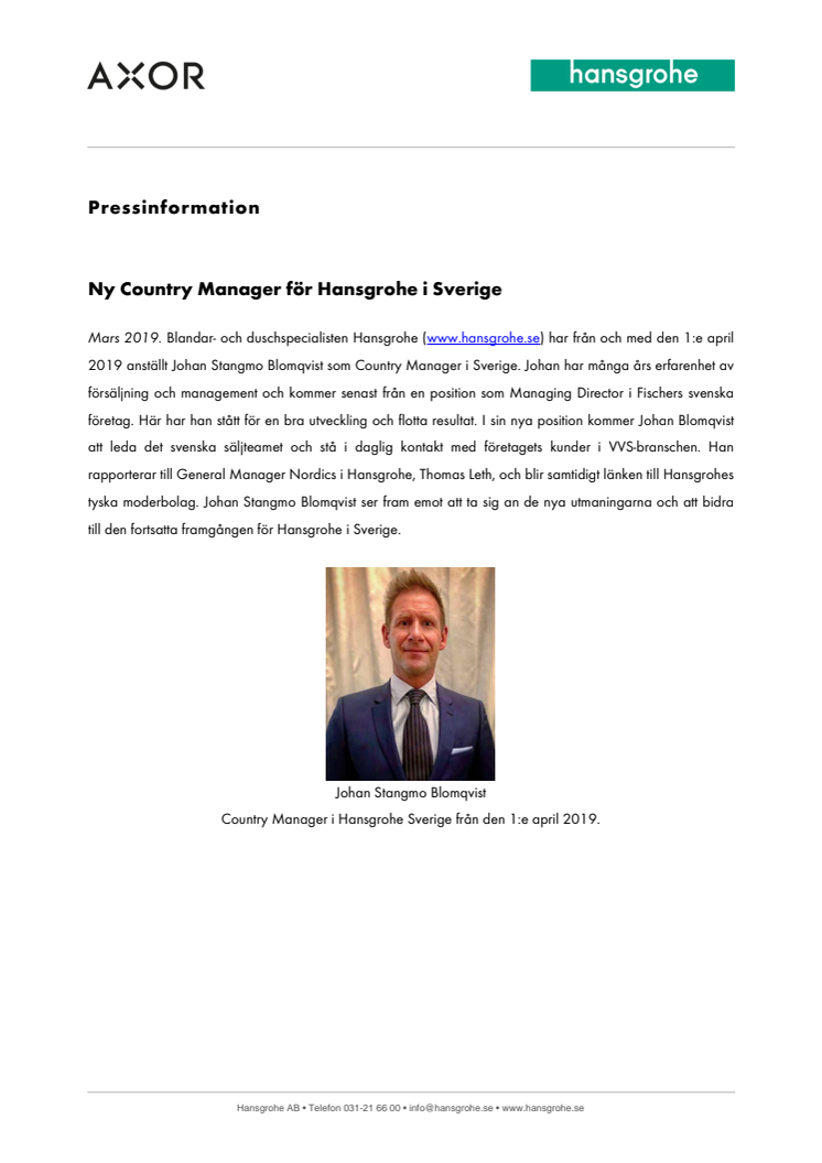 Ny Country Manager för Hansgrohe i Sverige