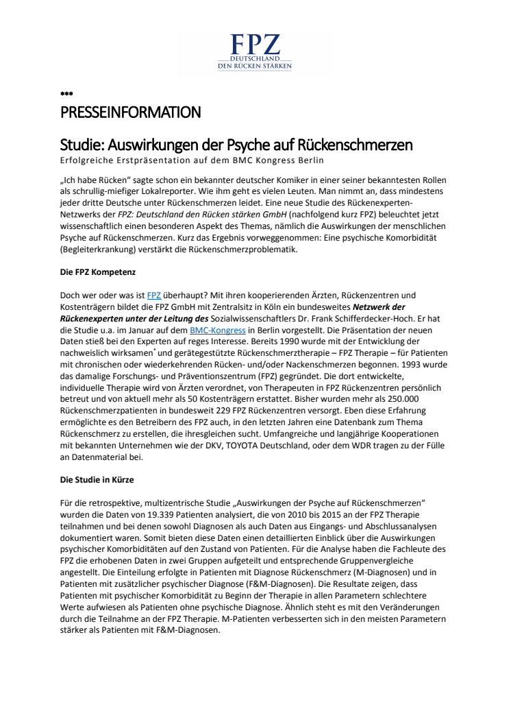 Studie: Auswirkungen der Psyche auf Rückenschmerzen - Erfolgreiche Erstpräsentation auf dem BMC Kongress Berlin