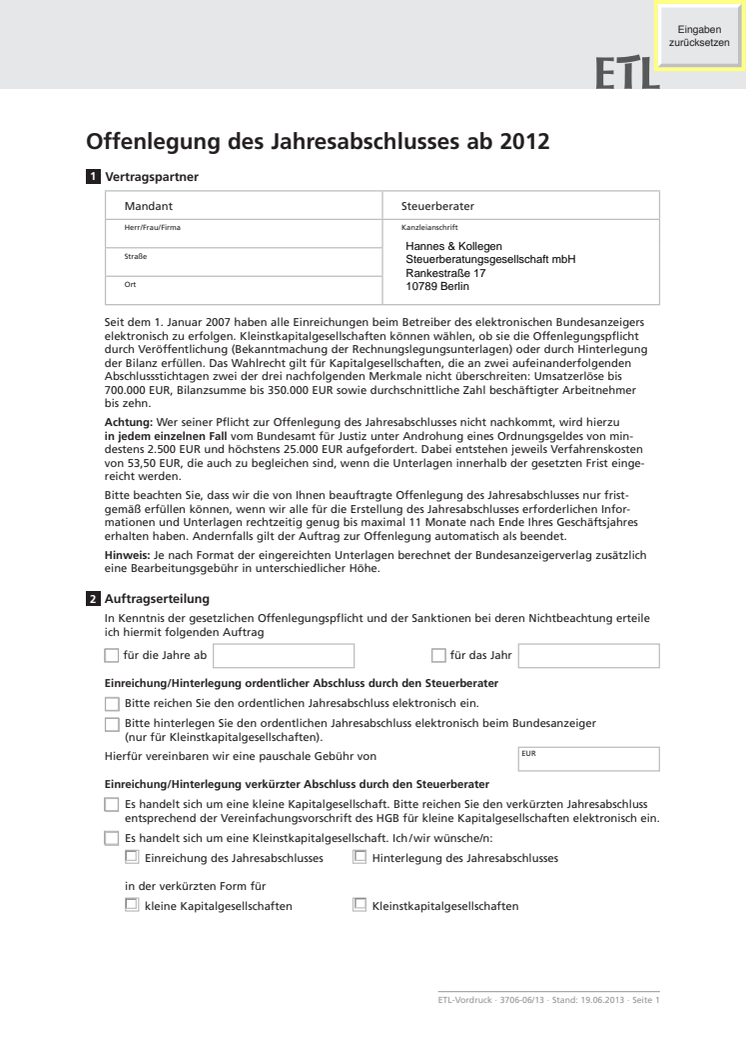 Beratungsprotokoll/Auftragserteilung Elektronische Offenlegung für Jahresabschlüsse ab 2012