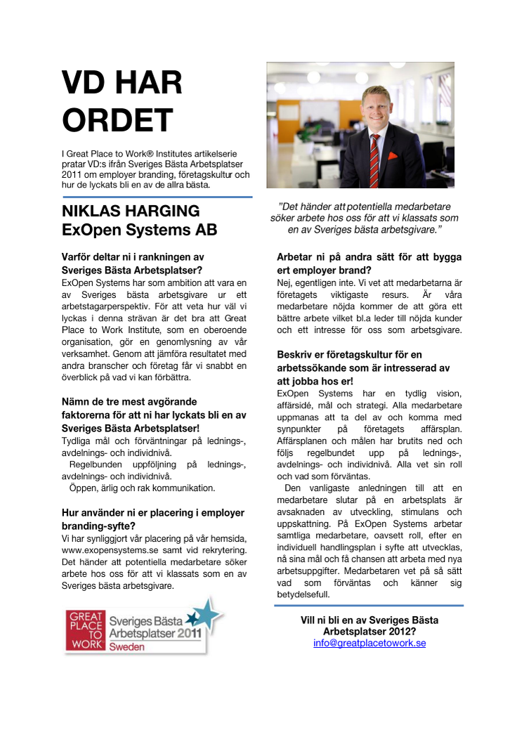 VD Har ordet - NIKLAS HARGING ExOpen Systems AB