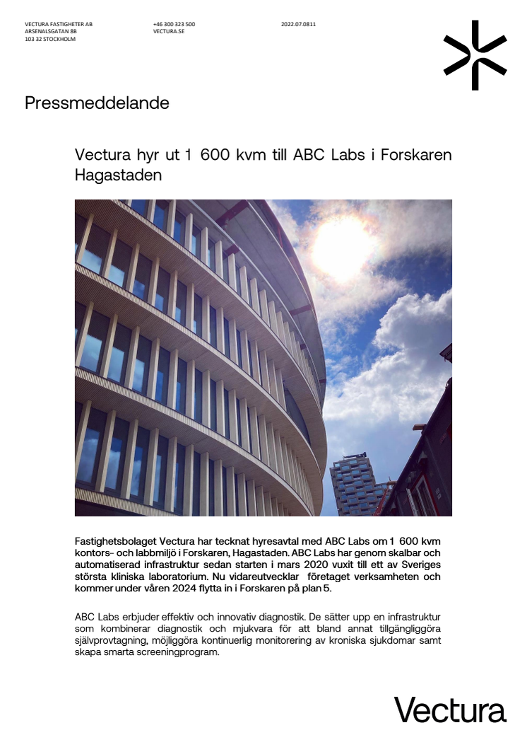 Pressmeddelande_Vectura hyr ut 1 600kvm i Forskaren till ABC Labs.pdf