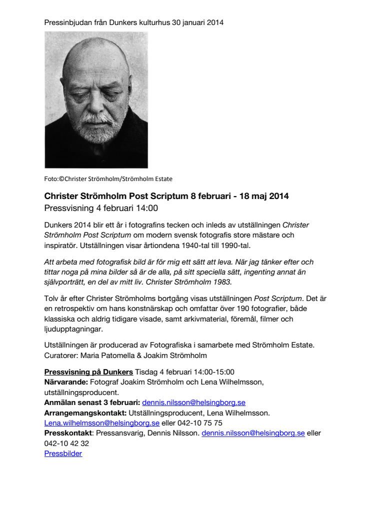 Pressinbjudan: Christer Strömholm Post Scriptum 8 februari - 18 maj 2014 