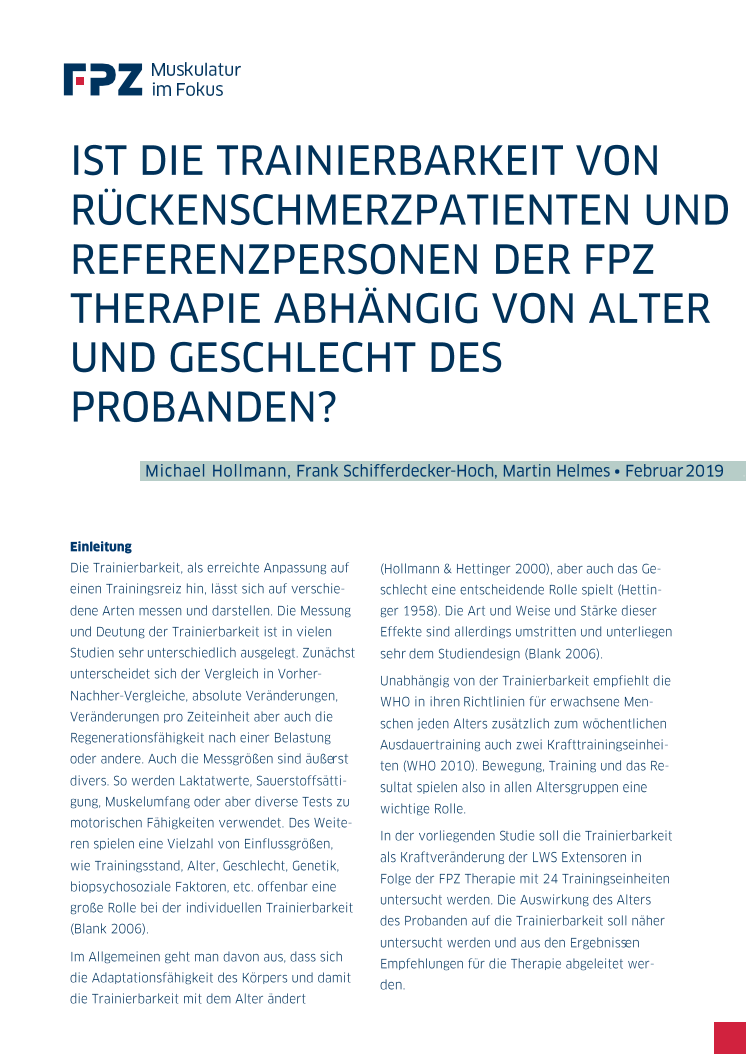 Handout zur Studie "Ist die Trainierbarkeit von Rückenschmerzpatienten und Referenzpersonen der FPZ Therapie abhängig von Alter und Geschlecht des Probanden?"