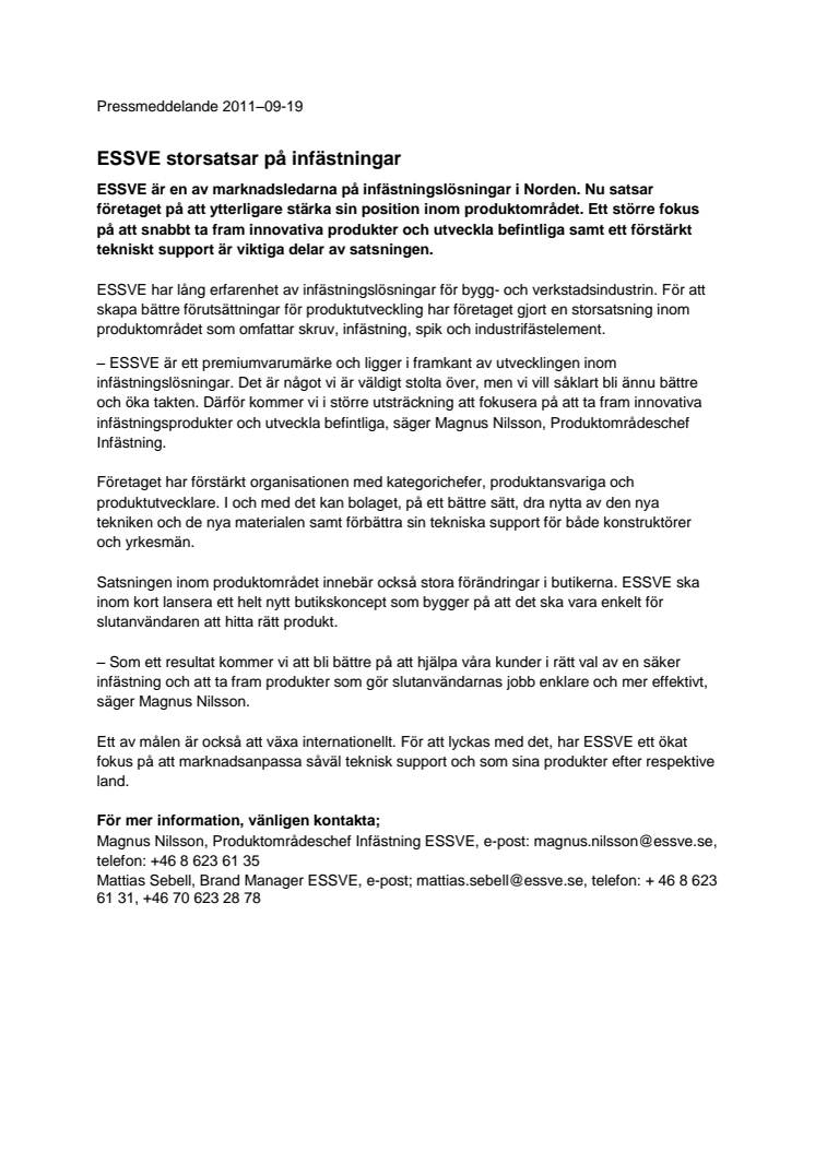 ESSVE storsatsar på infästningar
