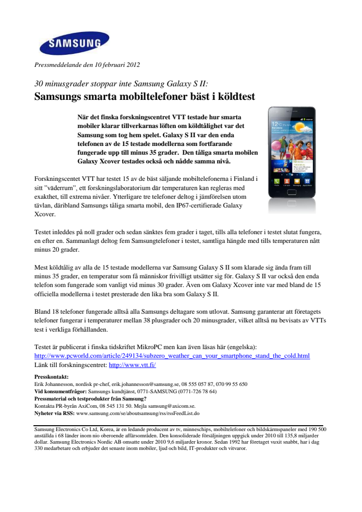 30 minusgrader stoppar inte Samsung Galaxy S II: Samsungs smarta mobiltelefoner bäst i köldtest