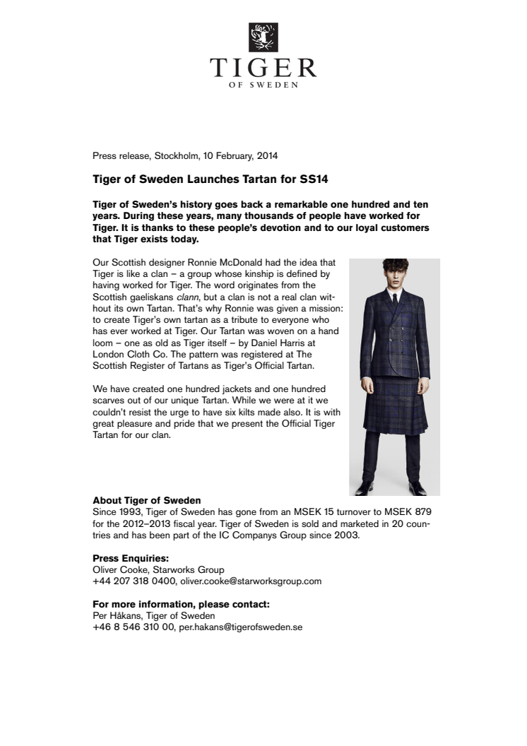 Tiger of Sweden Launches Tartan for SS14