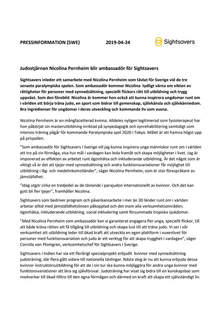 Judostjärnan Nicolina Pernheim blir ambassadör för Sightsavers 