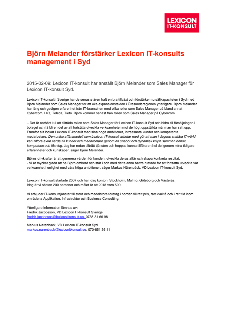 Björn Melander förstärker Lexicon IT-konsults management i Syd
