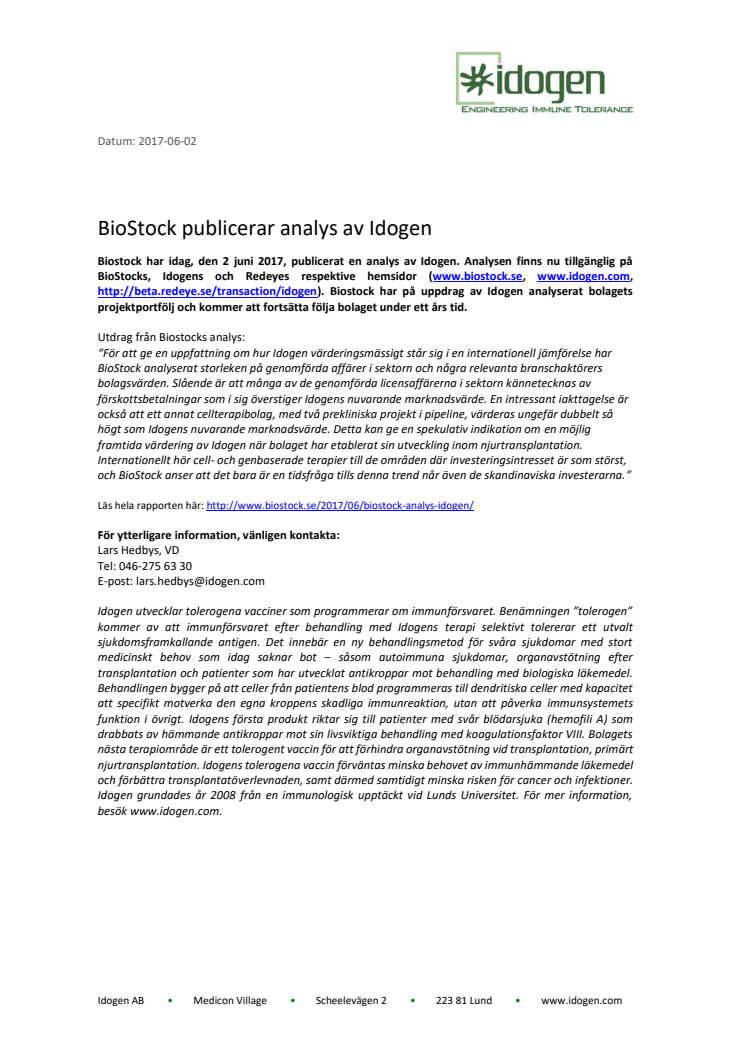 BioStock publicerar analys av Idogen