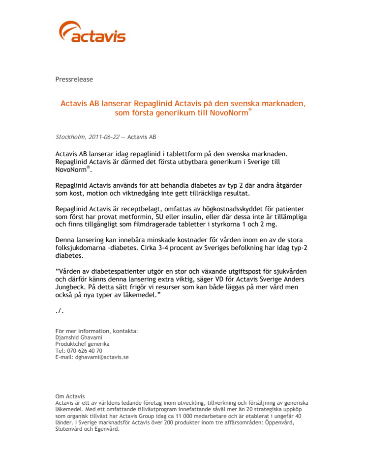 Actavis AB lanserar Repaglinid Actavis på den svenska marknaden, som första generikum till NovoNorm®