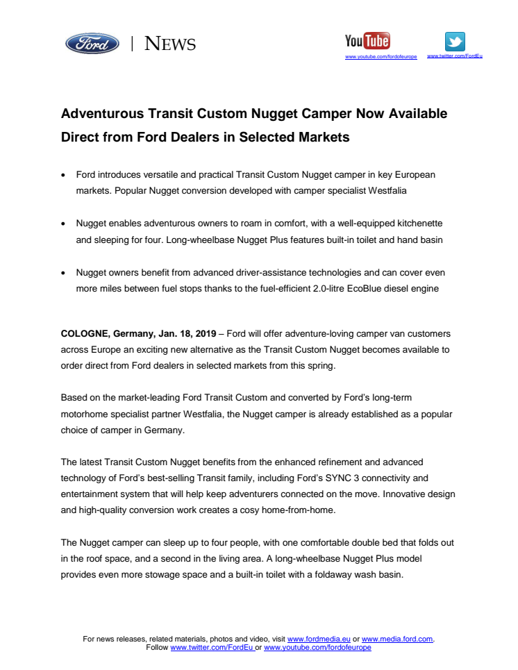 Adventurous Transit Custom Nugget Camper Now Available Direct from Ford Dealers in Selected Markets