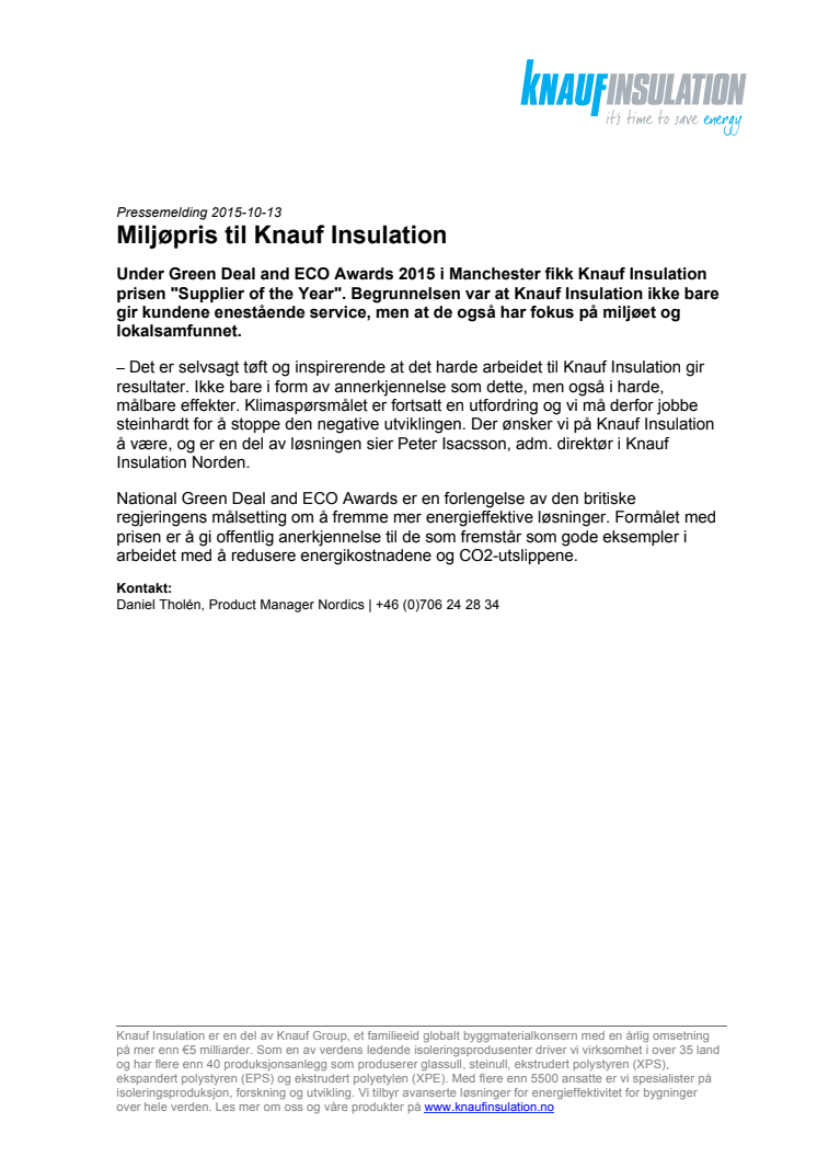 Miljøpris til Knauf Insulation