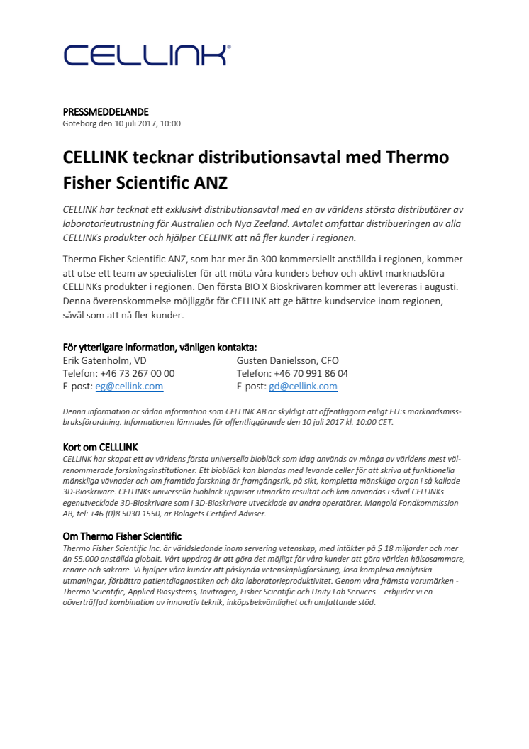 CELLINK tecknar distributionsavtal med Thermo Fisher Scientific ANZ