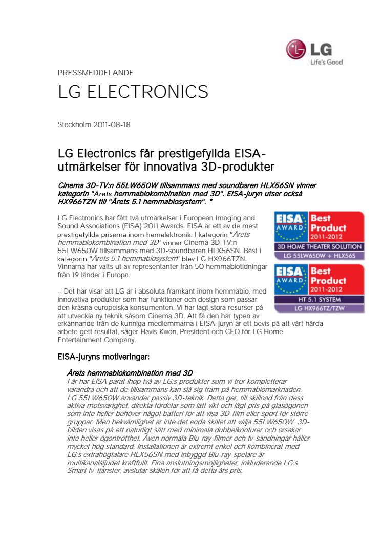 Pressmeddelande: LG Electronics får prestigefyllda EISA-utmärkelser för innovativa 3D-produkter