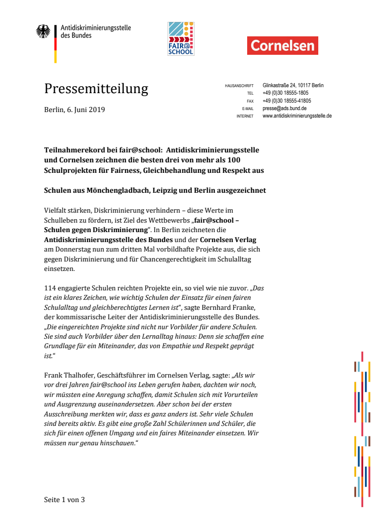 Teilnahmerekord bei fair@school:  Antidiskriminierungsstelle  und Cornelsen zeichnen drei von mehr als 100 Schulprojekten für Fairness, Gleichbehandlung und Respekt aus