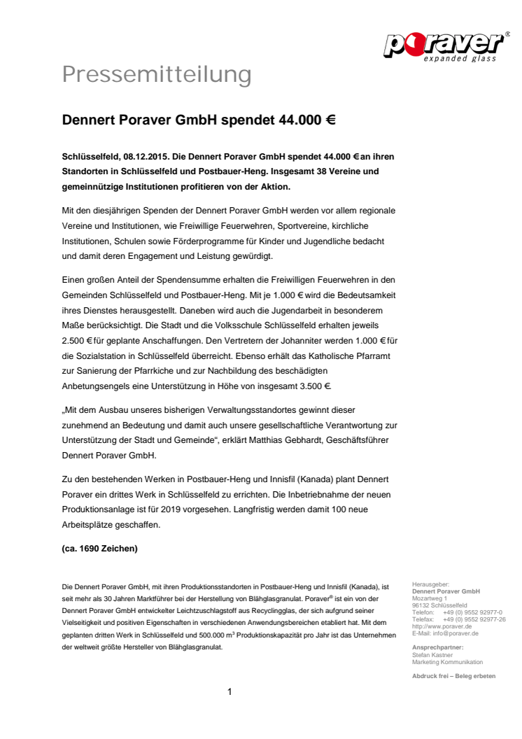 Dennert Poraver GmbH spendet 44.000 € 