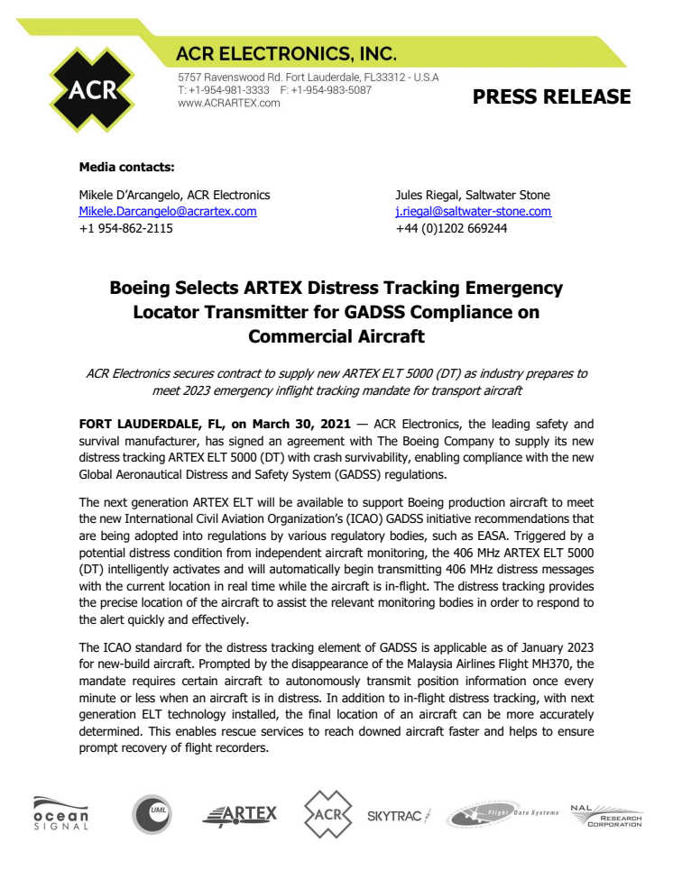 Boeing Selects ARTEX Distress Tracking Emergency Locator Transmitter for GADSS Compliance on Commercial Aircraft 