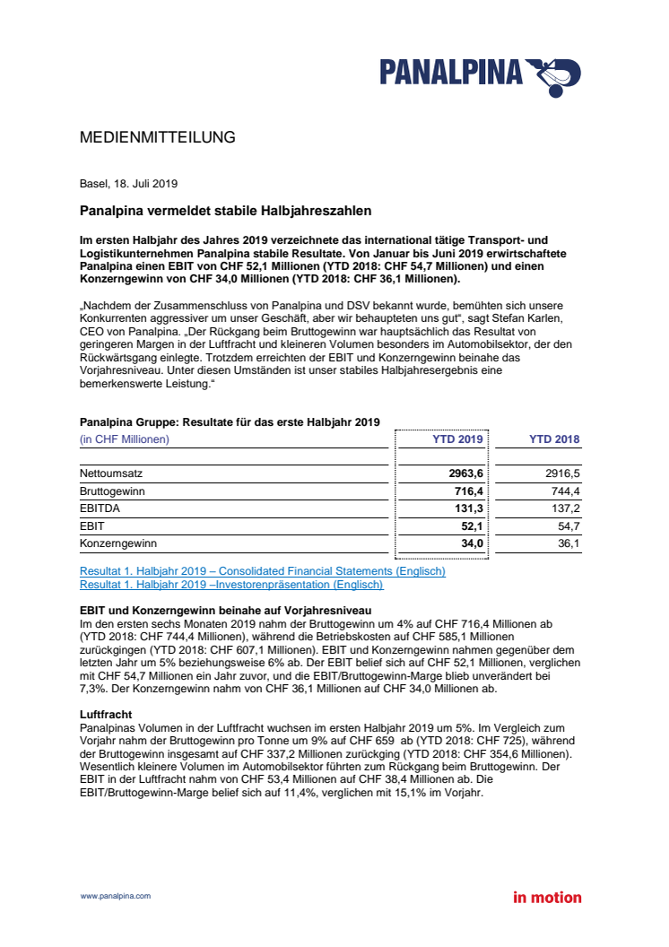 Panalpina vermeldet stabile Halbjahreszahlen