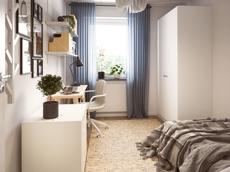 Illustration av interiör, sovrum, BoKlok-lägenhet 4 rok, 2021/2022.