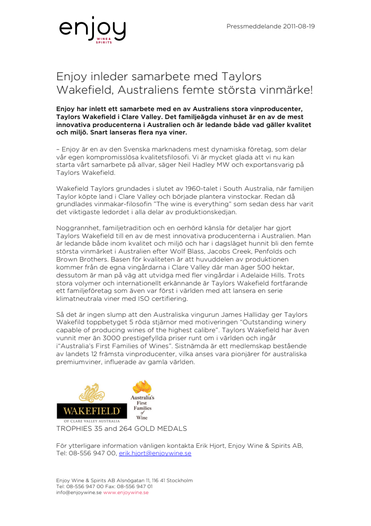 Enjoy inleder samarbete med Taylors Wakefield, Australiens femte största vinmärke!