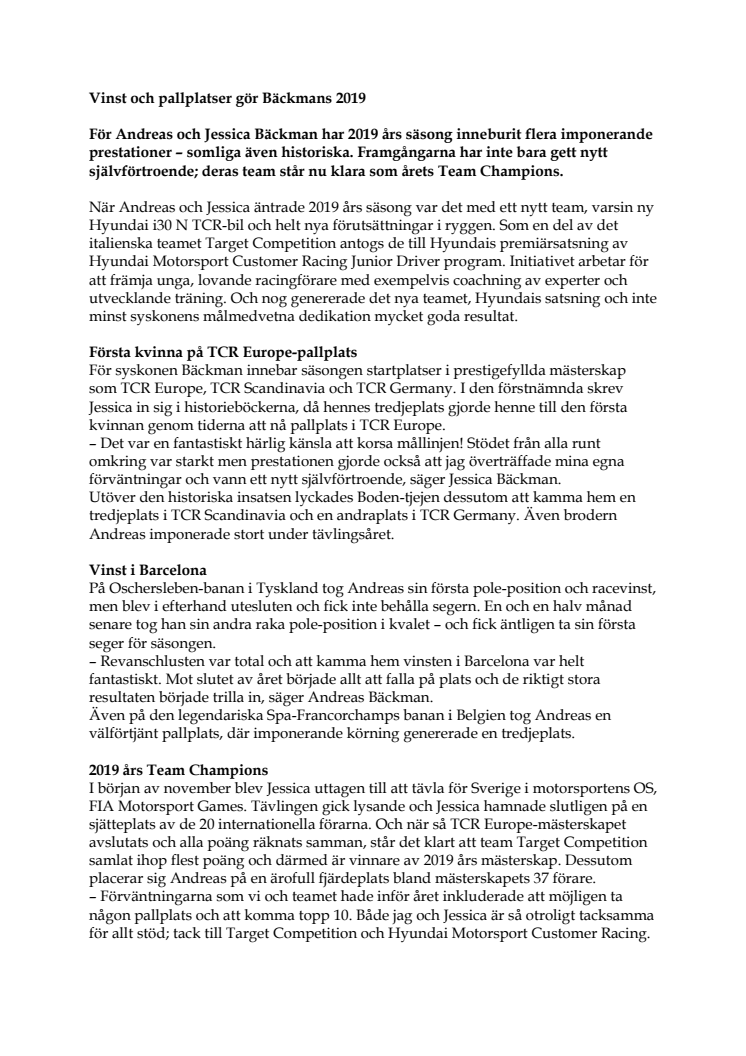 Vinst och pallplatser gör Bäckmans 2019